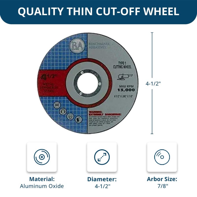 Benchmark Abrasives 4-1/2" Aluminum Oxide Quality Thin Cut Off Wheel for Metal and Stainless Steel 0.045" Thick 7/8" Arbor Fiberglass Cutting Wheel - 100 Pack - Image 2